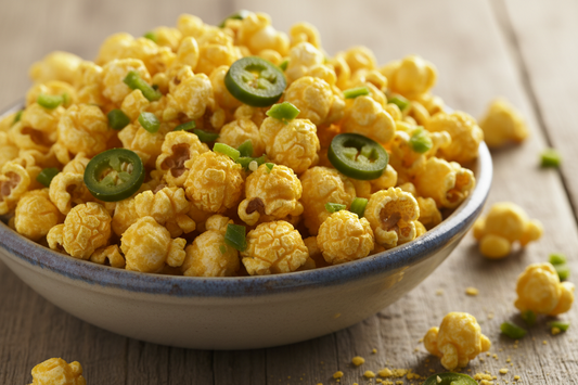 Bowl of popcorn with jalapeño slices on a wooden surface