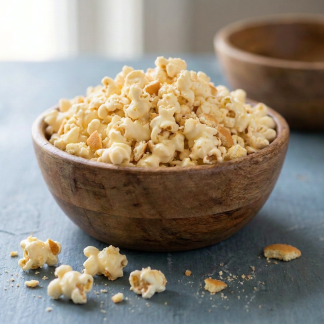 Banana Pudding gourmet popcorn in a wooden bowl
