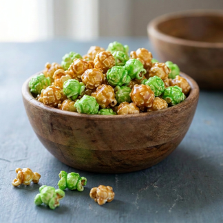 Caramel Apple gourmet popcorn in a wooden bowl