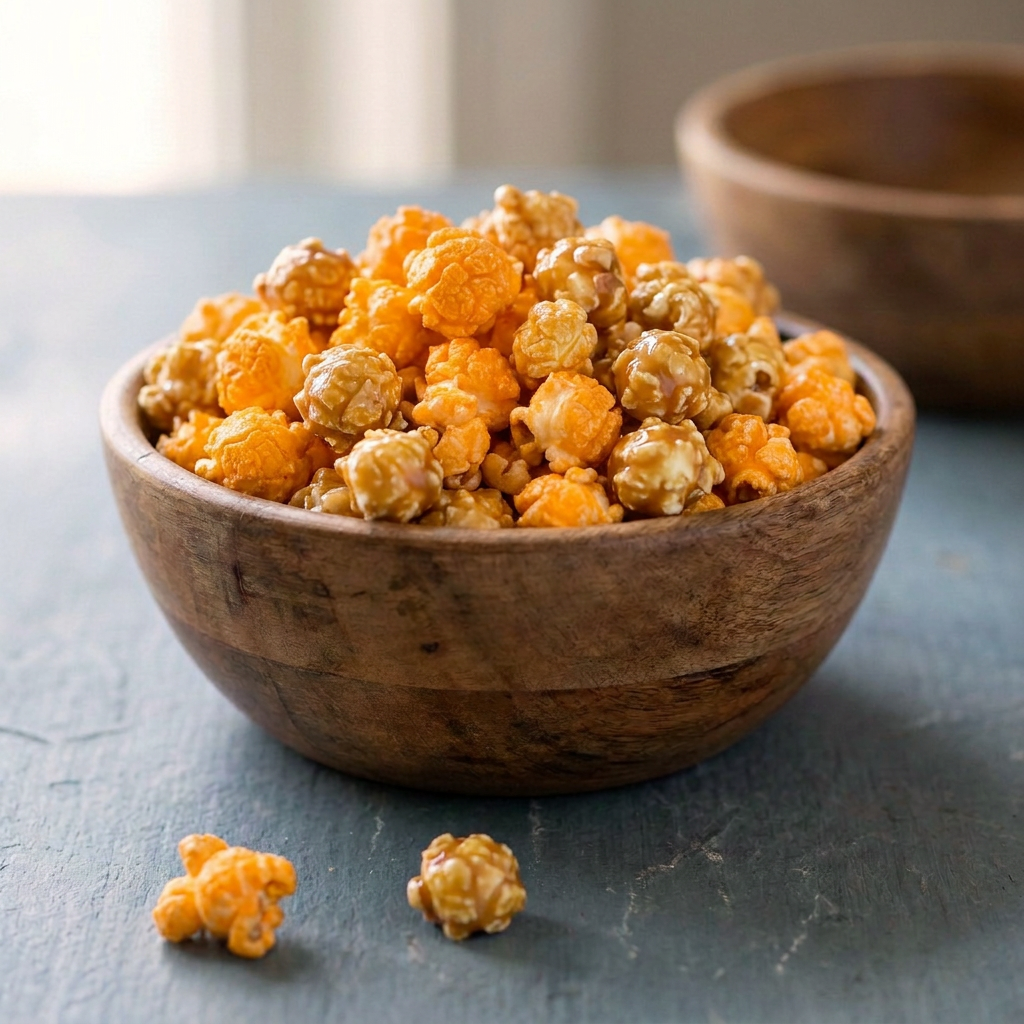 Cheese and Caramel Concord Combo gourmet popcorn in a wooden bowl