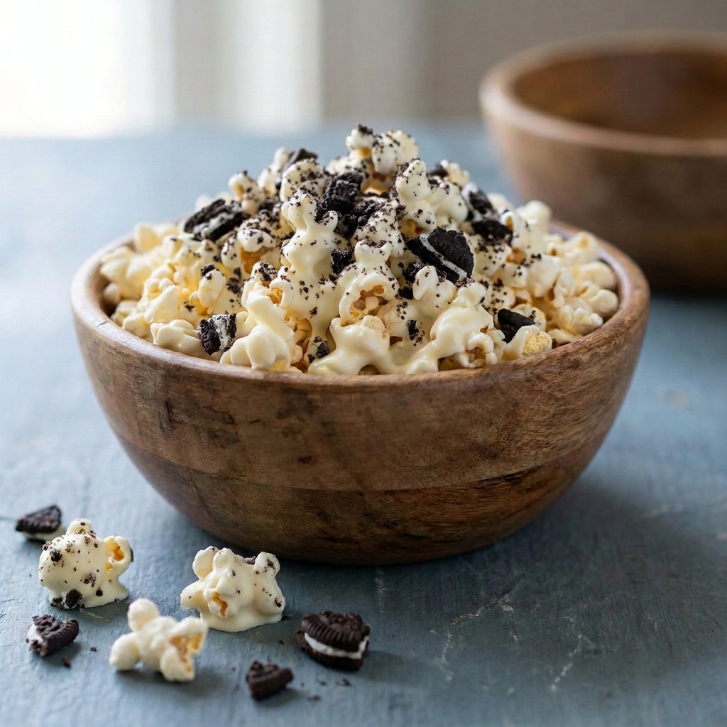 Cookies and Cream gourmet popcorn in a wooden bowl
