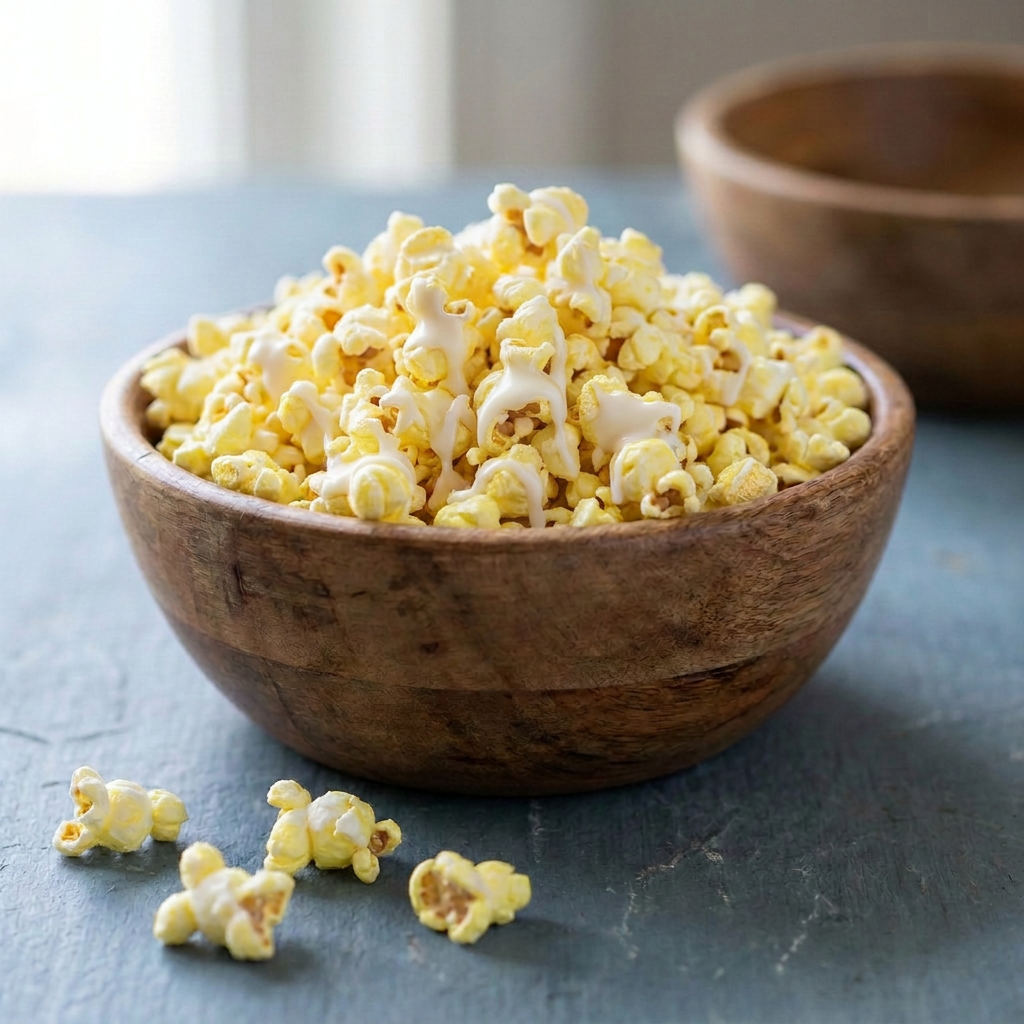 Lemon Pound Cake gourmet popcorn in a wooden bowl