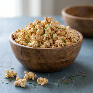 Loaded Baked Potato gourmet popcorn in a wooden bowl