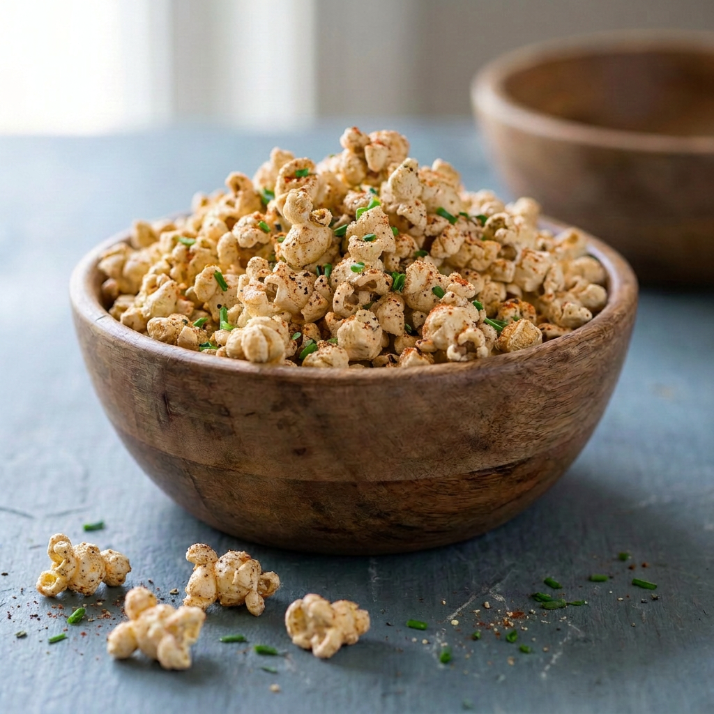 Loaded Baked Potato gourmet popcorn in a wooden bowl