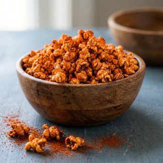 Nashville Hot Chicken gourmet popcorn in a wooden bowl