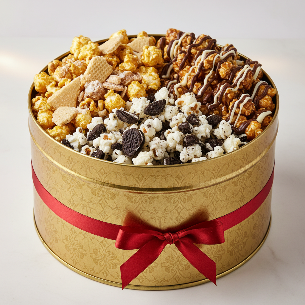 Popstarz Popcorn Signature Premium Tin, a branded corporate gift filled with gourmet popcorn