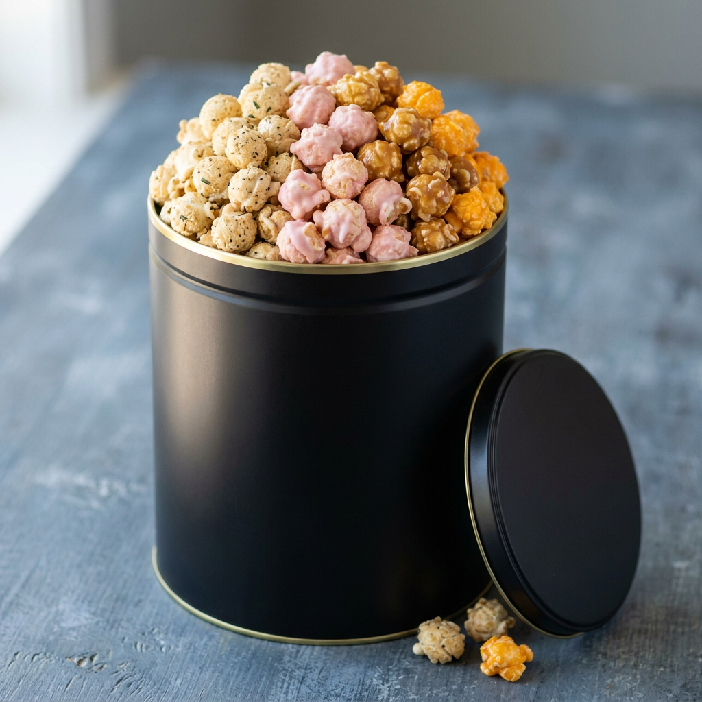 Popstarz Popcorn Star Power Signature Tin filled with Loaded Baked Potato, Strawberry Cheesecake and Cheese and Caramel popcorn