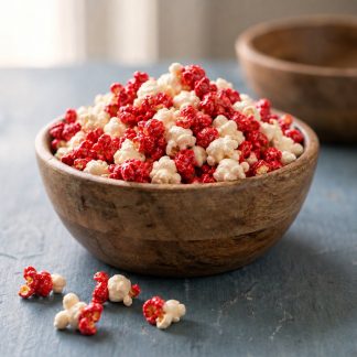 Strawberry Cheesecake gourmet popcorn in a wooden bowl